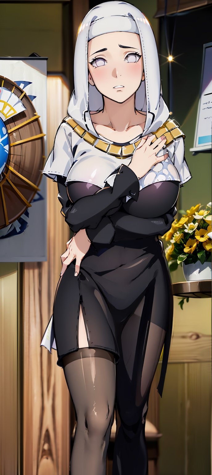 Beautiful girl, hair between her eyes, natural blush, lined eyes, perfect body, big breasts.

nun costume, black pantyhose, big breasts, black lips, walking, in a room, looking at viewer, (poster of women in background: 1.2), bright sunlight, hands on waist: 1.5, embarrassed expression, embarrassed , ankle strap high heels,hinata(boruto),High detailed , With cinematic lighting, with full shot, 55 mm lens, production quality, depth of field, cinematographic photography, professional color grading, exquisite details, sharpness. -focus, intricately detailed, f/2.8, realistic photography, real lighting, studio lighting, decorative lighting, GB shift, ray tracing, antialiasing, FKAA, TXAA, RTX, SSAO, Shaders, tone mapping, CGI, VFX , SFX,ChopioHyugaHinata,hinata_boruto,Kiara,ruanyi0360