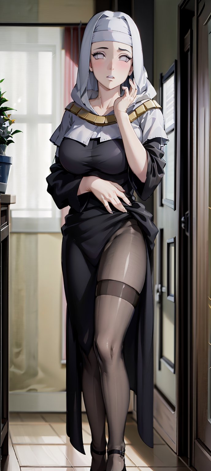 Beautiful girl, hair between her eyes, natural blush, lined eyes, perfect body, big breasts.

nun costume, black pantyhose, big breasts, black lips, walking, in a room, looking at viewer, (poster of women in background: 1.2), bright sunlight, hands on waist: 1.5, embarrassed expression, embarrassed , ankle strap high heels,,High detailed , With cinematic lighting, with full shot, 55 mm lens, production quality, depth of field, cinematographic photography, professional color grading, exquisite details, sharpness. -focus, intricately detailed, f/2.8, realistic photography, real lighting, studio lighting, decorative lighting, GB shift, ray tracing, antialiasing, FKAA, TXAA, RTX, SSAO, Shaders, tone mapping, CGI, VFX , SFX,ChopioHyugaHinata,hinata_boruto,Kiara