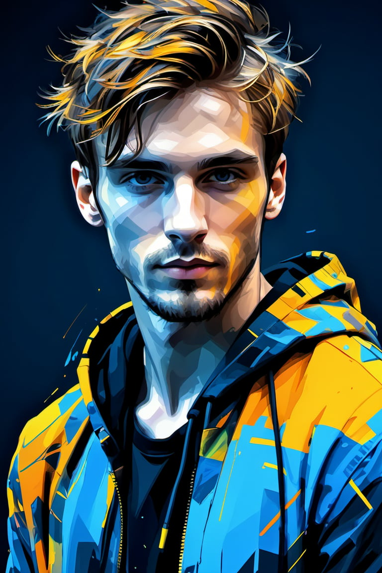 Please generate, abstract handsome young man, looking into the camera, approaching perfection, dynamic, blue black yellow and orange colors, highly detailed, digital painting, artstation, concept art, sharp focus, illustration, art by Carne Griffiths and Vadim Kashin