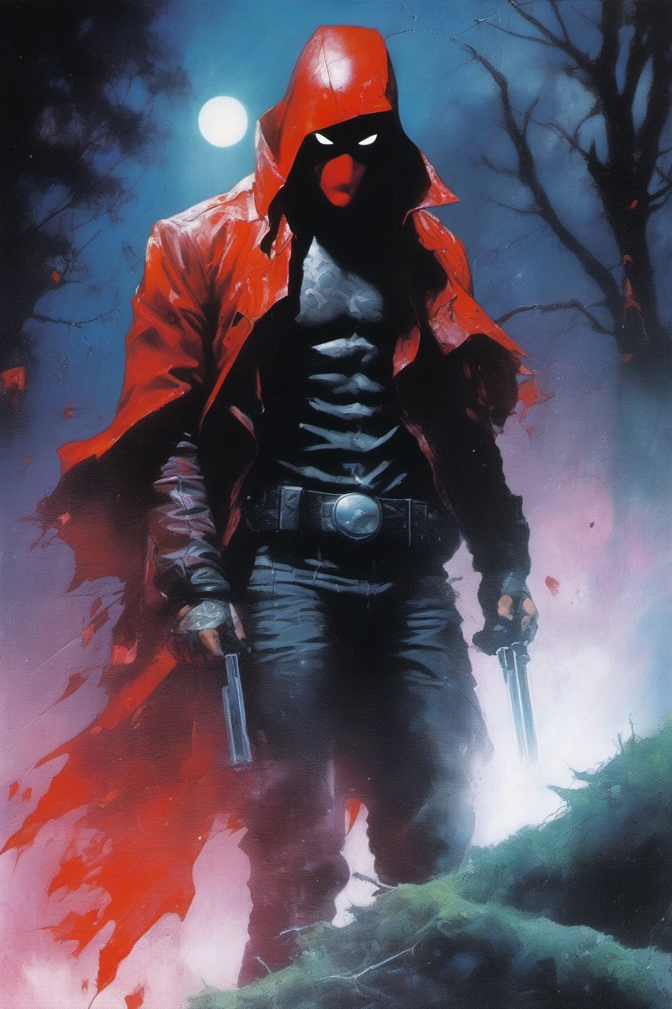 Red Hood, Jason Todd, DC Cómics, extremely vibrant colours, normal skin Highly detailed, highly cinematic, close-up image of a deity of magic, perfect composition, psychedelic colours, magical flowing mist, forest nature, silver fullmoon, lots of details, rain downpour hurricane thunder lightnings sparkles metallic ink, beautifully lit, a fine art painting by drew struzan and karol bak, gothic art, dark and mysterious, ilya kuvshinov, russ mills, dragonlike
