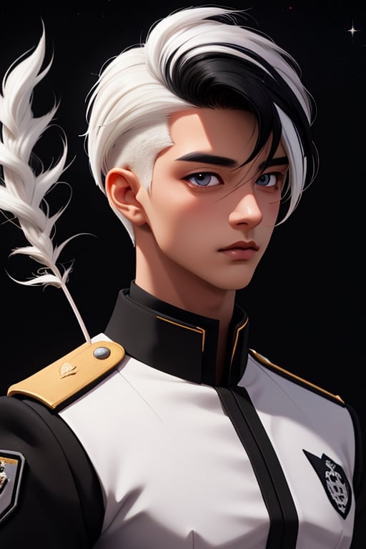 Shiro is a handsome young man of 19 years old. ((Short black hair)), ((white streak hair)) , his eyes are purple. he wears a black uniform, in the background the cideral space. Interactive, highly detailed image., Shiro, niji, Color Booster