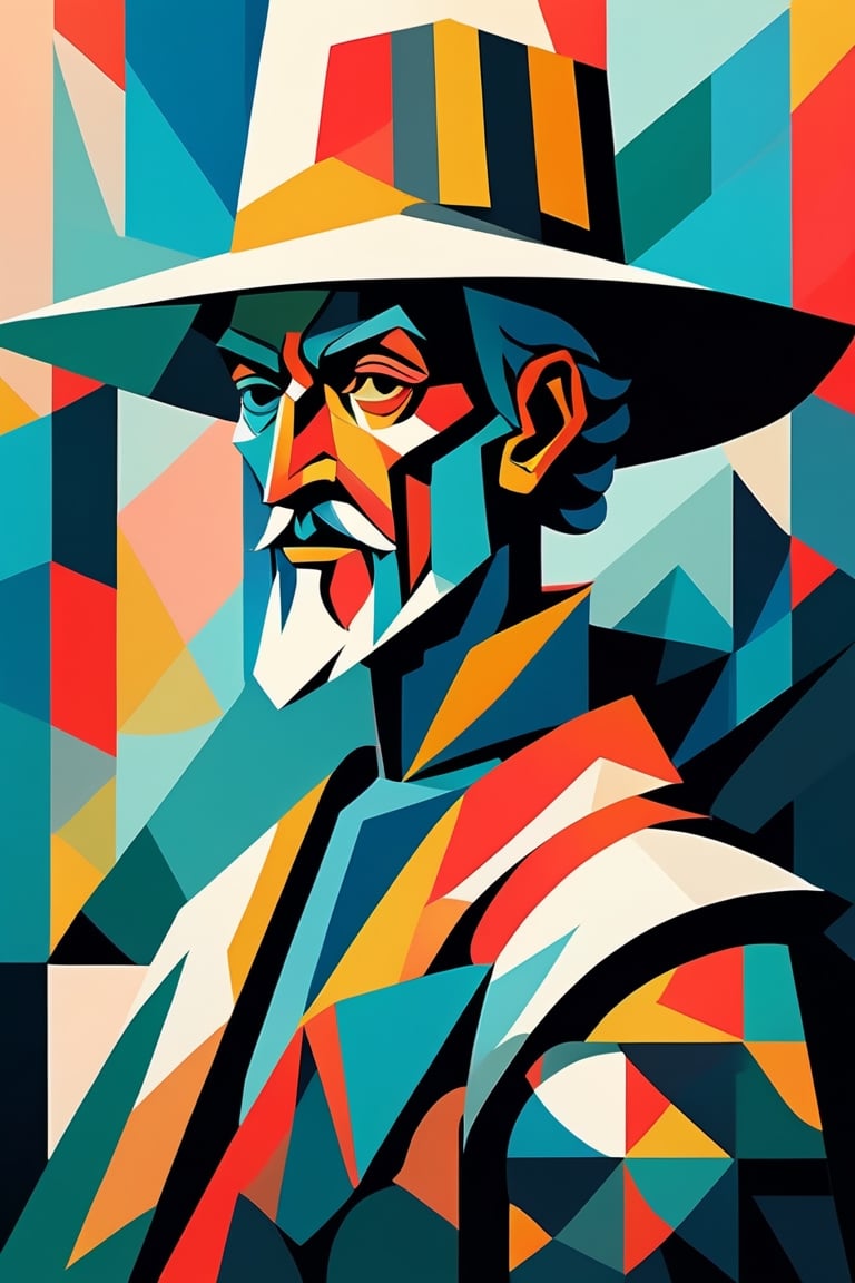 A minimalist design with a vintage touch, featuring a cool, stylish Don Quixote silhouette in faded, awesome and bright colors. cubist painting, Neo-Cubism, layered overlapping geometry, art deco painting, Dribbble, geometric fauvism, layered geometric vector art, maximalism; V-Ray, Unreal Engine 5, angular oil painting, DeviantArt,ghibli
