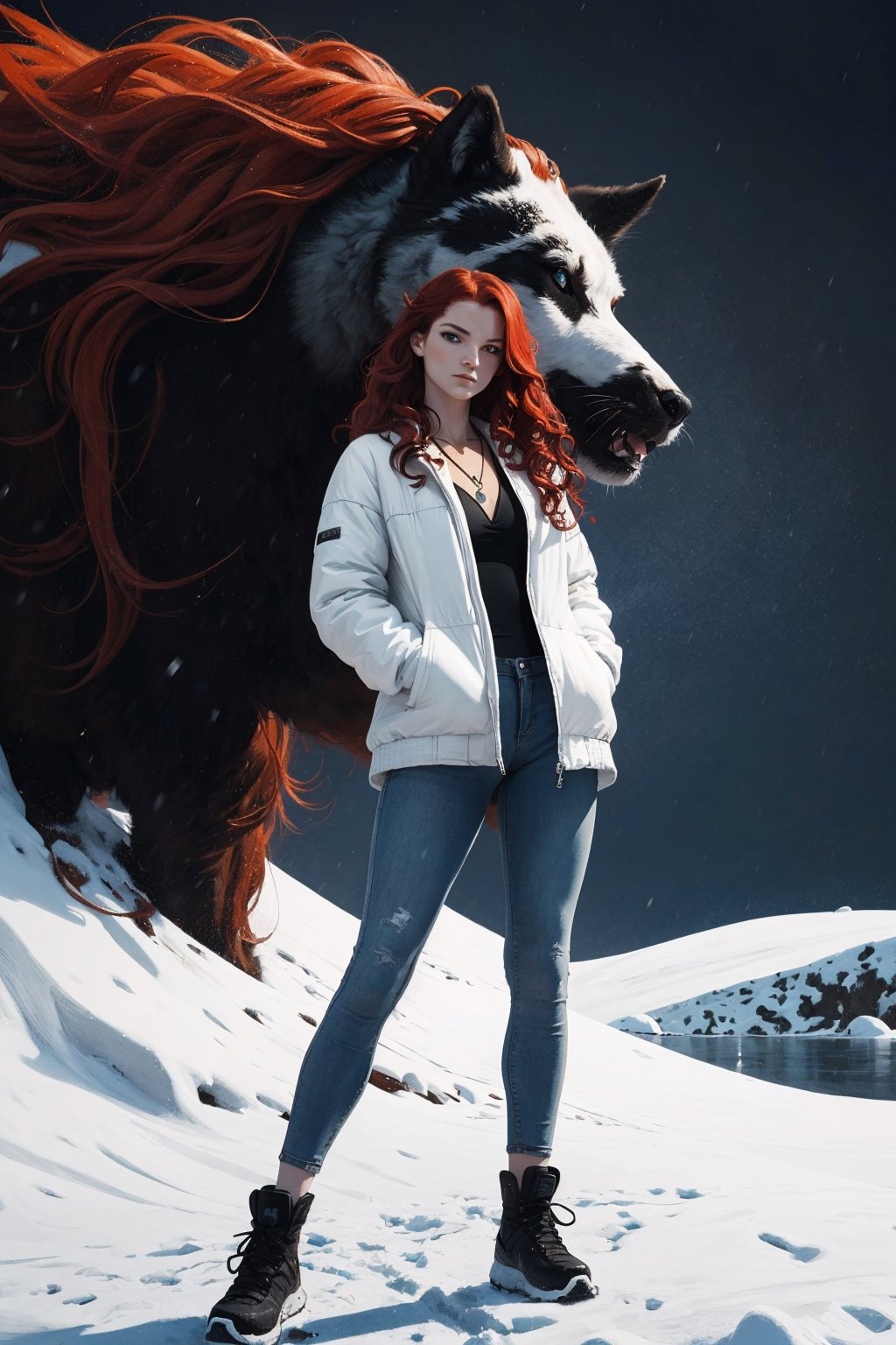 1girl, solo, Ygritte, oil painting, impasto, action scene, looking at viewer, a beautiful young woman, muscular, tomboy, 16 years old, ((long wavy red hair)), blue eyes, glow eyes, tribal necklace, slim, athletic. urban wonter outfit, baggy oufit,  white jacket, a close-up, ((posing epically)) psychedelic winter landscape background, masterpiece, nijistyle, niji, ,sciamano240, soft shading, fantasy, Ygritte