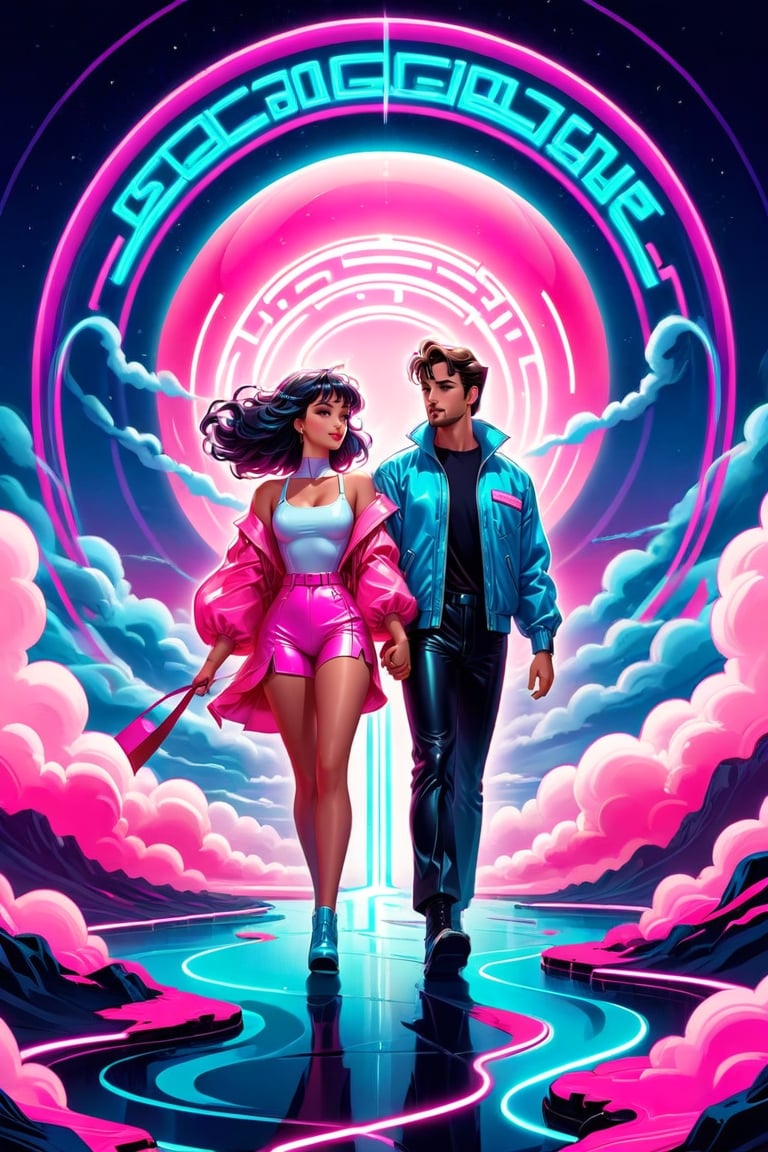 synthwave color palette, bathed in dreamy soft neon hues || Bold illustration, digital artwork of a couple walking hand in hand in a cloud maze. background with swirling lines and decorative elements. Storybook illustration inspired, Clayton Crain and Stjepan Sejic and Alessandro Cappuccio, surreal fantasy illustration, realistic proportions, complex composition, linework, decorative elements, vector painting, highly detailed, digital illustration, artstation, beautiful, wholesome, nostalgia, high quality || impossible dream, synthwave aesthetic fantasycore art, beautiful soft neon colors, Decora_SWstyle