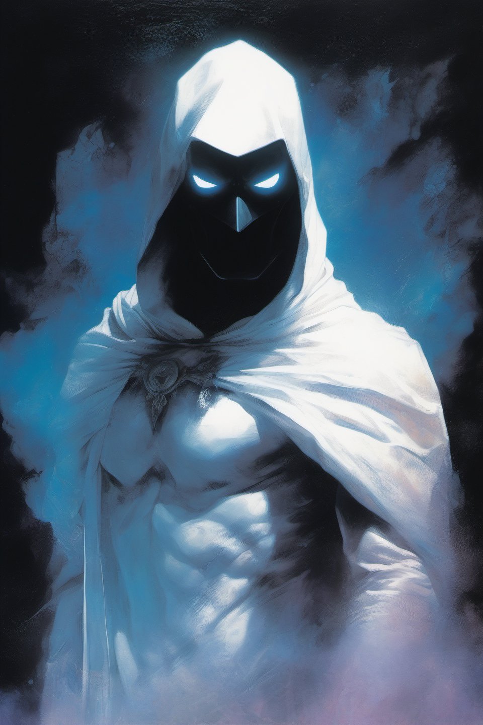 Moon Knight, Marc Spector, Marvel Comics, extremely vibrant colours, normal skin Highly detailed, highly cinematic, close-up image of a deity of moon, perfect composition, psychedelic colours, magical flowing mist, forest nature, silver-fullmoon, lots of details, spirists, Ghost, metallic ink, beautifully lit, a fine art painting by drew struzan and karol bak, gothic art, dark and mysterious, ilya kuvshinov, russ mills, 
