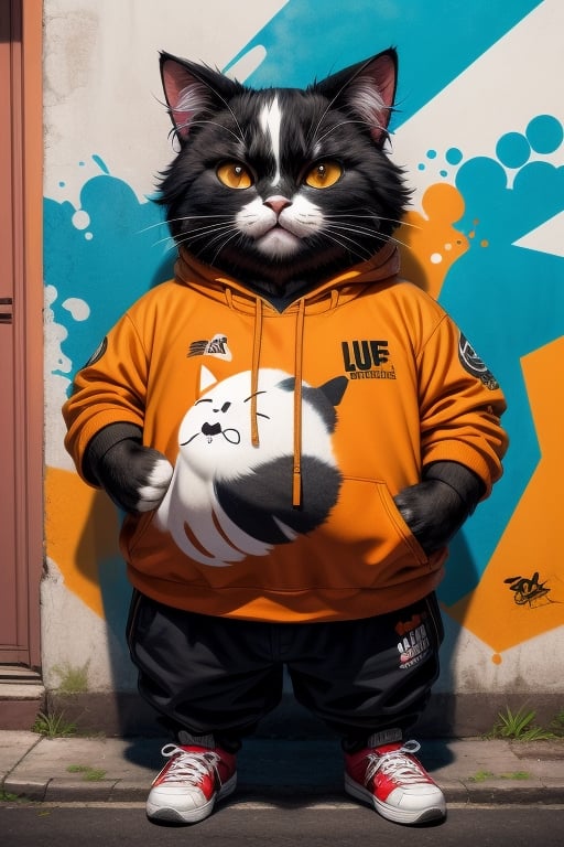 an badass anthropomorphic fatty cat, dressed in urban clothing, orange fue, in the background a psicodelic graffiti mural, distinctive shapes, scenic, spray painted, Sciamano240