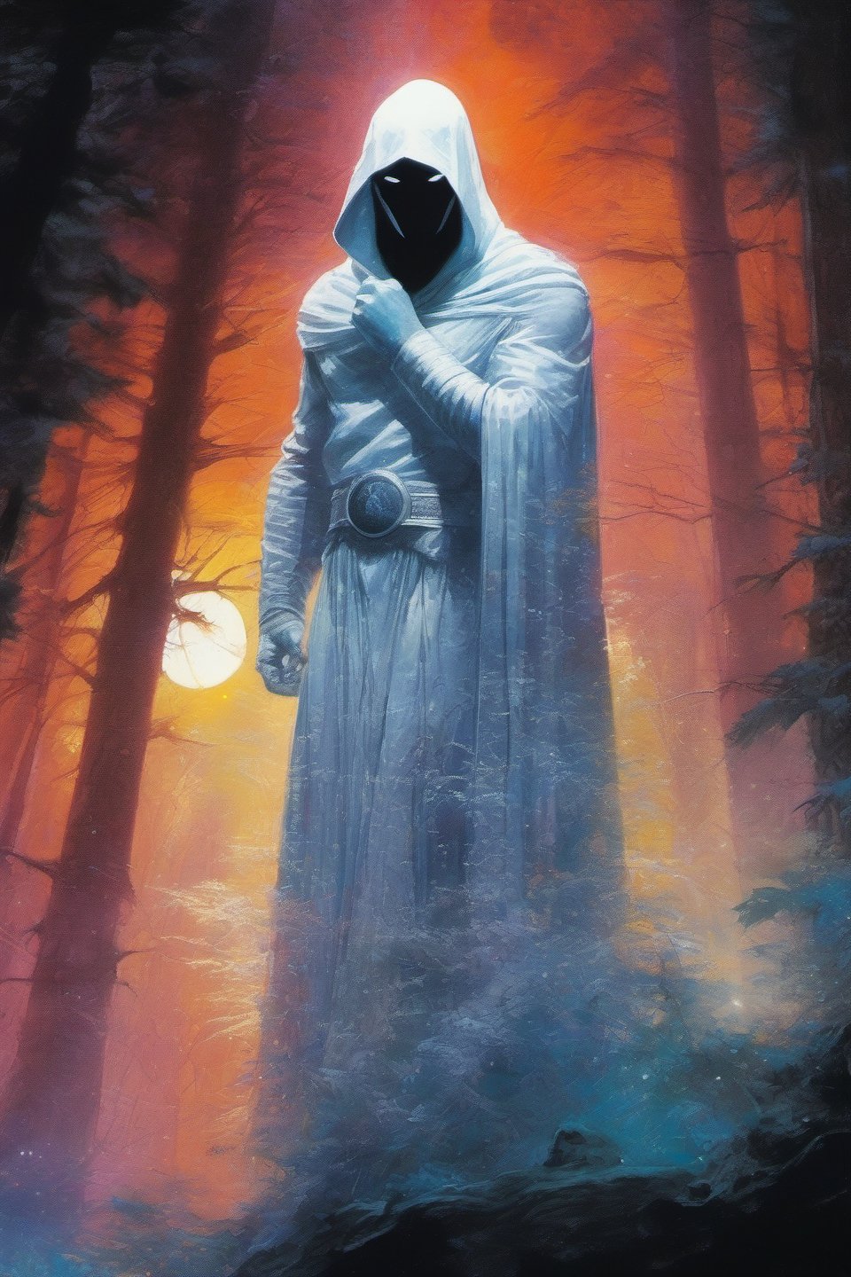 Moon Knight, Marc Spector, Marvel Comics, extremely vibrant colours, normal skin Highly detailed, highly cinematic, close-up image of a deity of moon, perfect composition, psychedelic colours, magical flowing mist, forest nature, silver-fullmoon, lots of details, spirists, Ghost, metallic ink, beautifully lit, a fine art painting by drew struzan and karol bak, gothic art, dark and mysterious, ilya kuvshinov, russ mills, 
