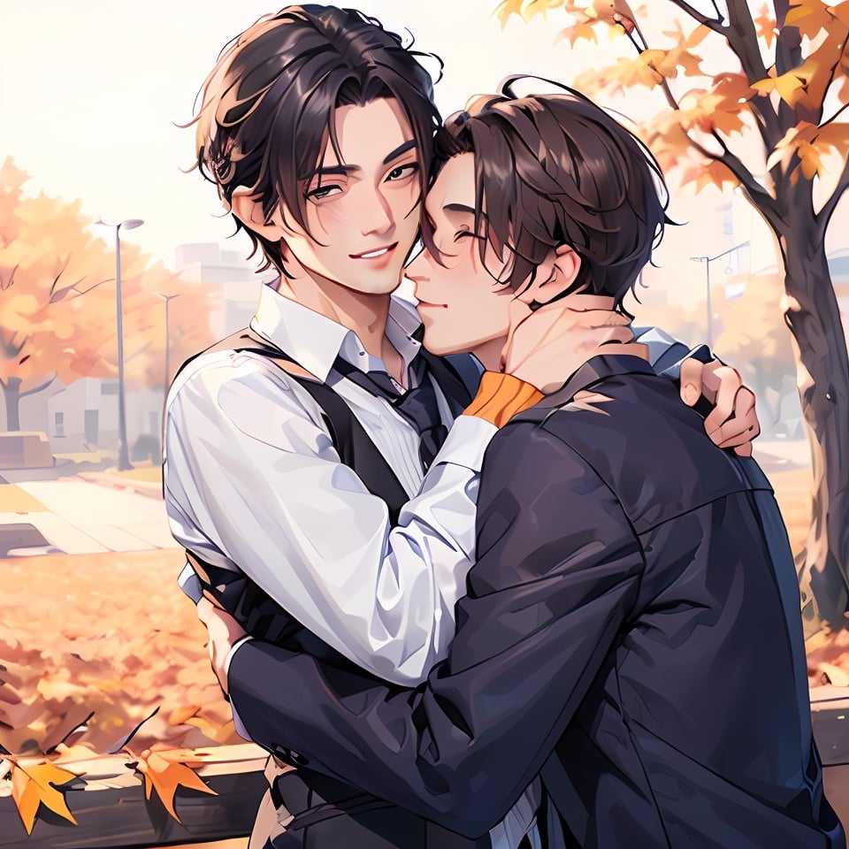 ((two male hugging,male face,male  character)),handsome guy,blush smile,((looking at other)),autumn_leaves, (((best quality))), ((ultra-detailed))