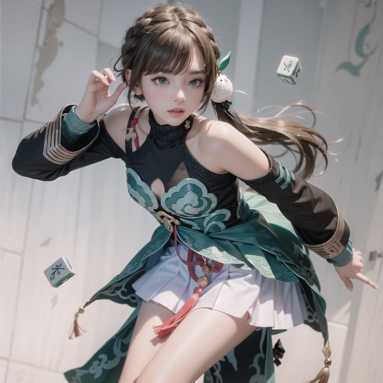 masterpiece, best quality, ,1girl,qingque,,brown hair,long hair,green eyes,hair ornament, hairclip,long sleeves,bare shoulders,clothing cutout,shoulder cutout, dress,skirt,tassel,mahjong,mahjong tile, simple background,blunt bangs 