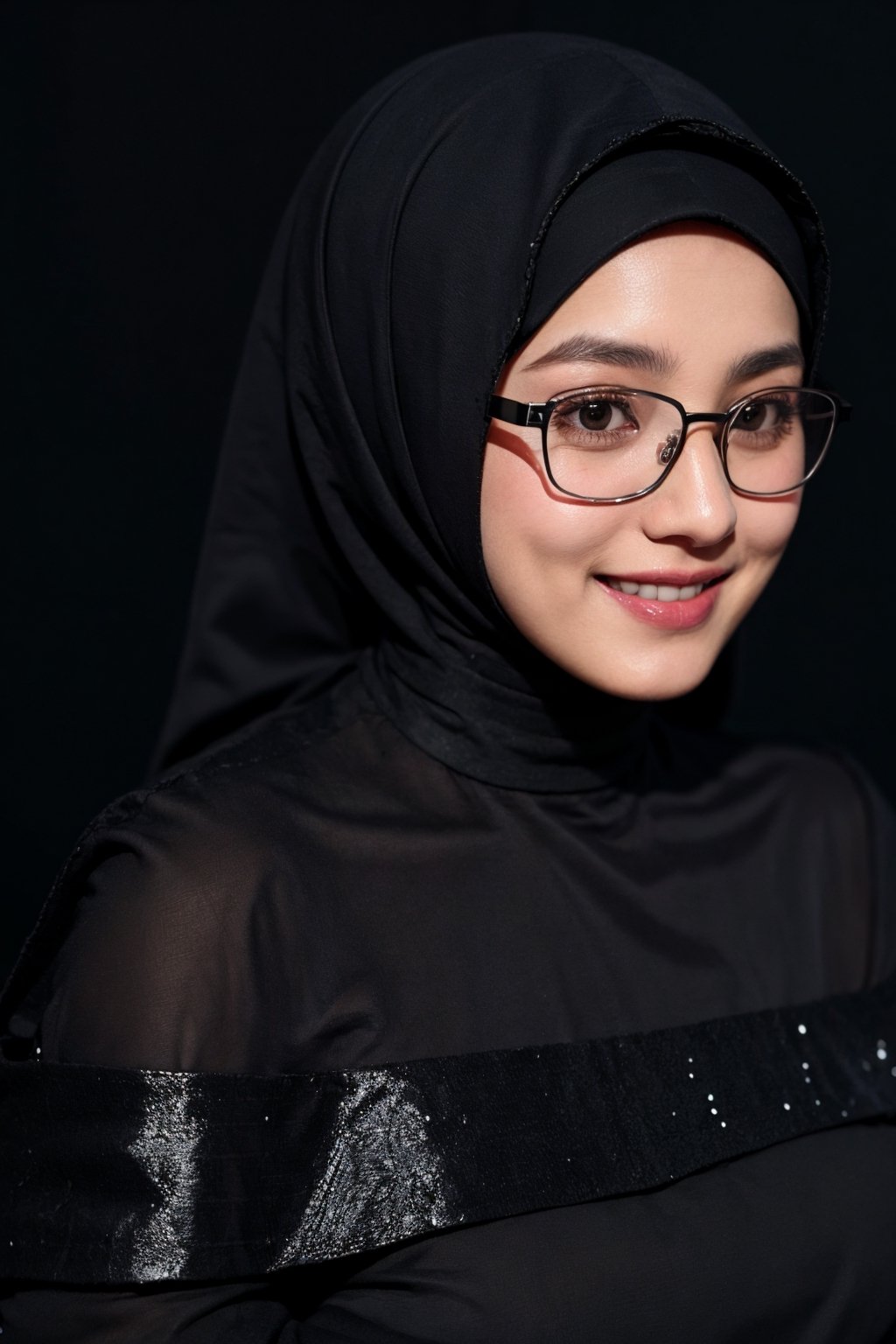 masterpiece, best quality, photorealistic, raw photo, 1girl, glasses, long hair, daily outfit, light smile, detailed skin, pore, off_shoulder, low key, black_background,hijab