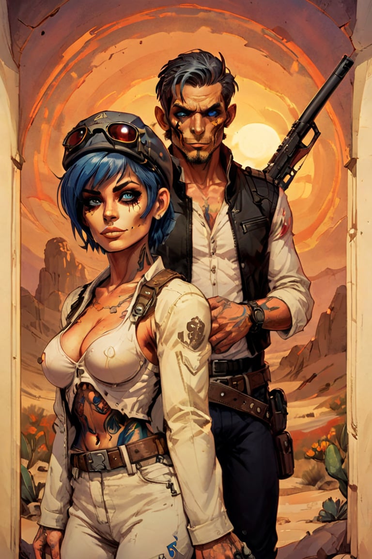 A lone figure stands amidst the arid landscape, standing next to a small adobe casita, bathed in warm desert sunlight. A day of the dead cowboy with vibrant blue hair, glowing blue eyes, and a bold skull tattoo adorns his left cheekbone wears a sleek blue jacket adorned with metal hardware on the shoulders and a black belt around his waist. His gloved hands grasp the edges of his matching pants, which are tucked into combat boots. A fedora hat sits atop his head at an angle, framing his determined gaze as he surveys the cacti-filled terrain ahead.