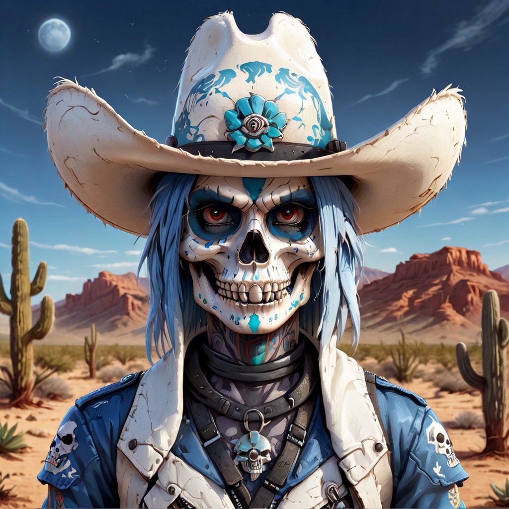 A lone figure stands amidst the arid landscape, standing next to a small adobe casita, bathed in warm desert sunlight. A day of the dead cowboy with vibrant blue hair and a bold skull tattoo adorns his left cheekbone wears a sleek blue jacket adorned with metal hardware on the shoulders and a black belt around his waist. His gloved hands grasp the edges of his matching pants, which are tucked into combat boots. A fedora hat sits atop his head at an angle, framing his determined gaze as he surveys the cacti-filled terrain ahead.