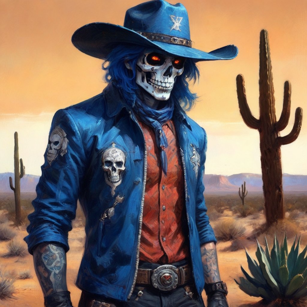 A lone figure stands amidst the arid landscape, standing next to a small adobe casita, bathed in warm desert sunlight. A day of the dead cowboy with vibrant blue hair and a bold skull tattoo adorns his left cheekbone wears a sleek blue jacket adorned with metal hardware on the shoulders and a black belt around his waist. His gloved hands grasp the edges of his matching pants, which are tucked into combat boots. A fedora hat sits atop his head at an angle, framing his determined gaze as he surveys the cacti-filled terrain ahead.