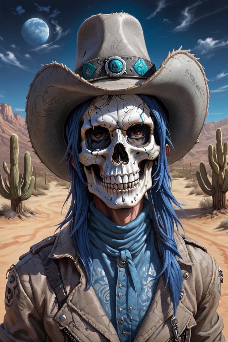 A lone figure stands amidst the arid landscape, standing next to a small adobe casita, bathed in warm desert sunlight. A day of the dead cowboy with vibrant blue hair and a bold skull tattoo adorns his left cheekbone wears a sleek blue jacket adorned with metal hardware on the shoulders and a black belt around his waist. His gloved hands grasp the edges of his matching pants, which are tucked into combat boots. A fedora hat sits atop his head at an angle, framing his determined gaze as he surveys the cacti-filled terrain ahead.