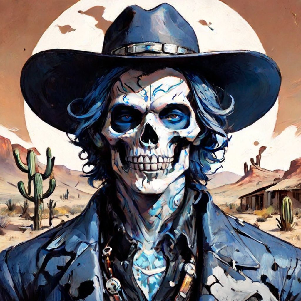 A lone figure stands amidst the arid landscape, standing next to a small adobe casita, bathed in warm desert sunlight. A day of the dead cowboy with vibrant blue hair and a bold skull tattoo adorns his left cheekbone wears a sleek blue jacket adorned with metal hardware on the shoulders and a black belt around his waist. His gloved hands grasp the edges of his matching pants, which are tucked into combat boots. A fedora hat sits atop his head at an angle, framing his determined gaze as he surveys the cacti-filled terrain ahead.