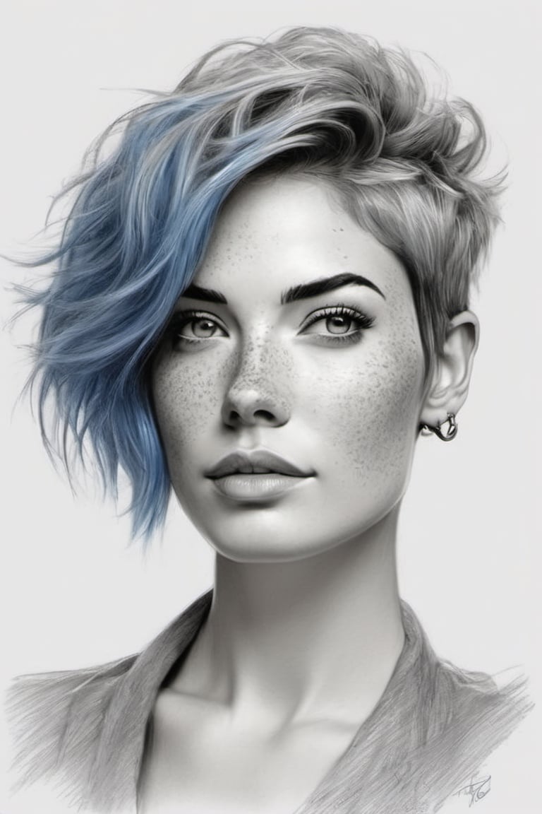 Monochrome, charcoal ((sketch)) of a woman's head and shoulders, detailed face, outlines only for everything else, 

Charming young woman, with pretty freckles and blue hair in a short hairstyle, with shoulders and waist, standing sideways, looking at camera,

(no background),sketch