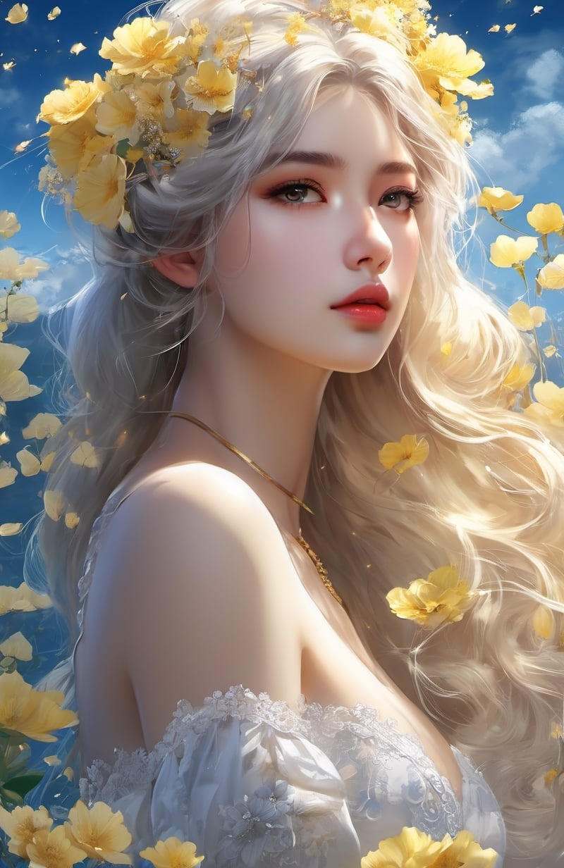 super fine illustration,masterpiece, best quality,{beautiful detailed eyes},1girl,finely detail,Depth of field, 4k wallpaper,bluesky,cumulus,wind,insanely detailed frills,extremely detailed lace,BLUE SKY,very long hair,Slightly open mouth,high ponytail,silver hair,small Breasts,cumulonimbus capillatus,slender waist,There are many scattered luminous petals,Hidden in the light yellow flowers,Depth of field,She bowed her head in frustration,Many flying drops of water,Upper body exposed,Many scattered leaves,branch ,angle ,contour deepening,cinematic angle ,{{{Classic decorative border}}}