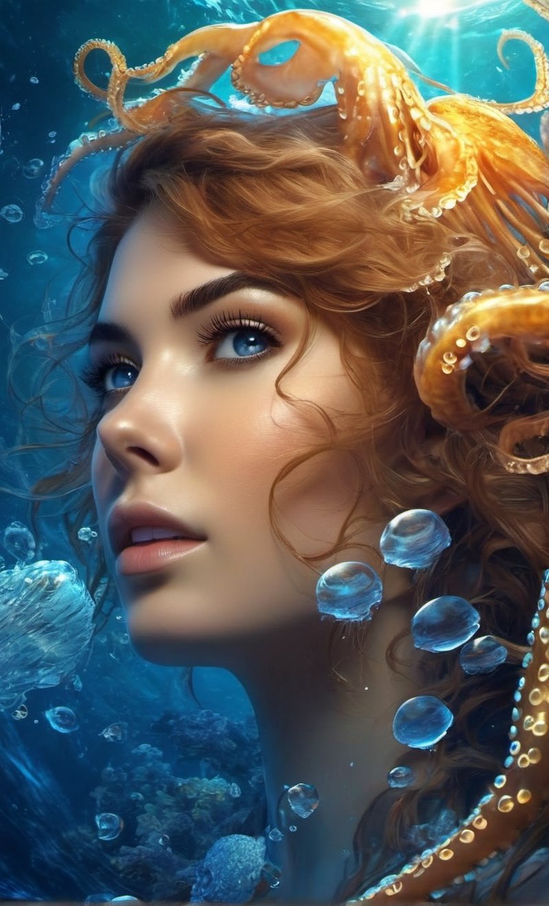 best quality,Amazing,Beautiful golden eyes,finely detail,Depth of field,extremely detailed CG unity 8k wallpaper,(1 girl :1.5),Deep sea background,jellyfish,masterpiece,fluttered detailed splashs, beautiful detailed water,cosmic eyes,Shock sensation,(realistic :0.5),octopus,original