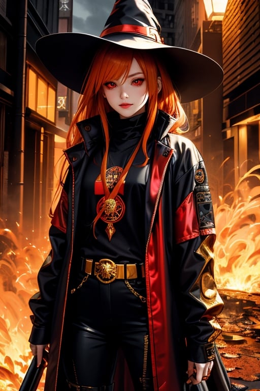 Red eyes, evil, golden, shiny, gold hair,High detailed ,midjourney,perfecteyes,Color magic,urban techwear,hmochako,better witch,witch, witch,Long hair,free style,horror (theme)