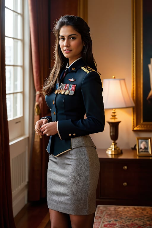 A photorealistic, ultra highly intricate detailed, full-frame image of a stunning young Asisn woman, 20 years old,  standing confidently in a US Army dress uniform. She is wearing a tailored dress uniform jacket with insignia and medals, paired with a neatly fitted pencil skirt that reaches just below the knees. Her posture is poised and professional, exuding confidence and authority. The background is a softly lit, luxurious room, with warm ambient lighting that highlights the fine details of her uniform and the textures of the fabric. Her hair is neatly styled, and her expression is focused and composed, reflecting her disciplined demeanor. The image should be of the best quality, sharp focus, masterpiece, 8k high definition, insanely detailed and intricate.