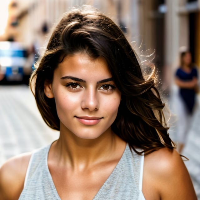 Spanish, 18 year old girl, is walking on the street, photorealism:1.4, natural skin:1.4, highly detailed eyes:1.4 , correct anatomy:1.4, halfbody