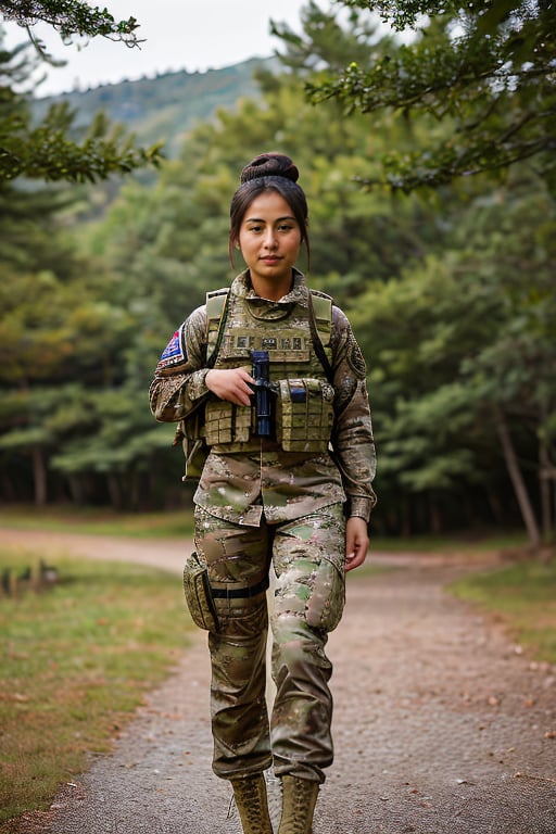 A photorealistic, ultra highly intricate detailed, full-frame image of a stunning 20-year-old Asian woman with bronzed skin, dressed in proper US battle fatigues. She is in an exercise situation, standing confidently with a focused expression. Her hair is neatly styled in a regulation bun. The battle fatigues include a camouflage jacket and pants, with proper military boots, a tactical vest, and a helmet. Her hands are positioned naturally next to her body, fingers relaxed and correctly proportioned. The background depicts an outdoor training ground, with various military equipment and natural terrain. The lighting is natural, enhancing the realistic textures of her uniform and her bronzed skin. The image should be of the best quality, sharp focus, masterpiece, 8k high definition, insanely detailed and intricate.