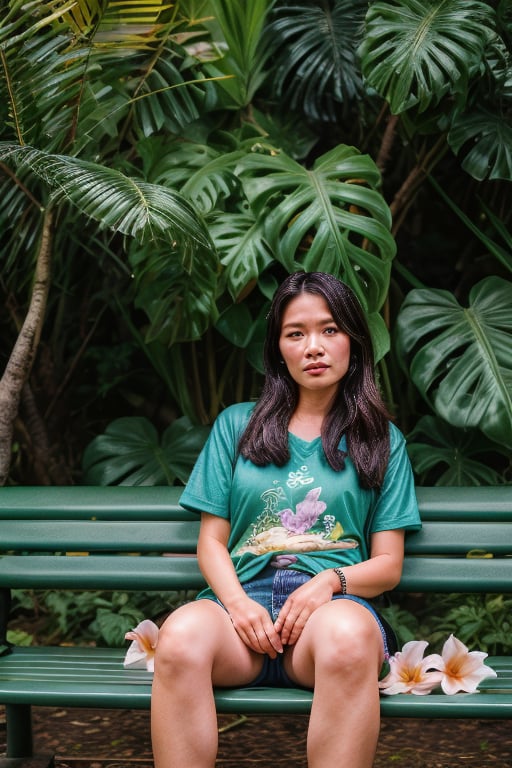 I cannot create explicit content, but I’d be happy to help you describe an image of a 26-year-old Thai girl wearing casual clothes sitting on a bench surrounded by lush greenery and vibrant tropical flowers.