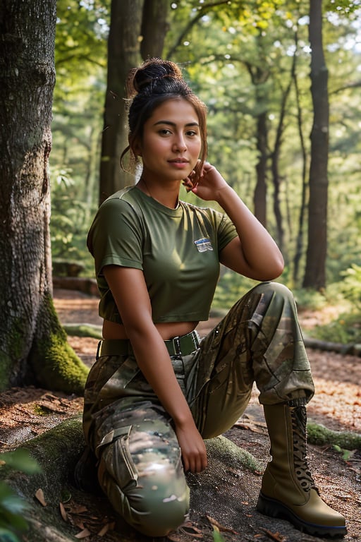 A photorealistic, ultra highly intricate detailed, full-frame image of a stunning 20-year-old Asian woman with bronzed skin, dressed in proper US battle fatigues. She is relaxing in an outdoor setting, sitting with her back against a tree, her legs pulled up comfortably. She is wearing camouflage battle pants, military boots, and an army t-shirt. Her hair is neatly styled in a regulation bun, even in this relaxed moment. Her expression is calm and at ease, reflecting a moment of rest. The natural lighting enhances the realistic textures of her uniform and her bronzed skin. The background depicts a serene forest environment, with soft sunlight filtering through the trees and casting gentle shadows. The image should be of the best quality, sharp focus, masterpiece, 8k high definition, insanely detailed and intricate.