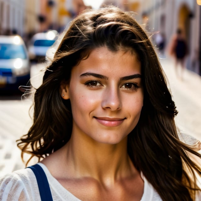 Spanish, 18 year old girl, is walking on the street, photorealism:1.4, natural skin:1.4, highly detailed eyes:1.4 , correct anatomy:1.4, halfbody