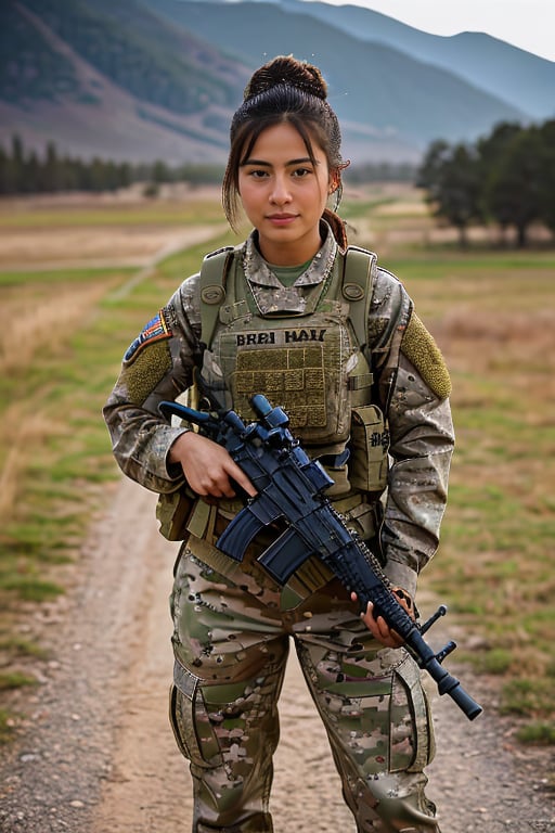 A photorealistic, ultra highly intricate detailed, full-frame image of a stunning 20-year-old Asian woman with bronzed skin, dressed in proper US battle fatigues. She is in an exercise situation, standing confidently with a focused expression. Her hair is neatly styled in a regulation bun. The battle fatigues include a camouflage jacket and pants, proper military boots, a tactical vest with realistic gear, and a helmet. She is holding an M4 carbine rifle in a ready position, her hands positioned naturally and correctly proportioned. The background depicts an outdoor training ground, with various military equipment and natural terrain. The lighting is natural, enhancing the realistic textures of her uniform, gear, and her bronzed skin. The image should be of the best quality, sharp focus, masterpiece, 8k high definition, insanely detailed and intricate.