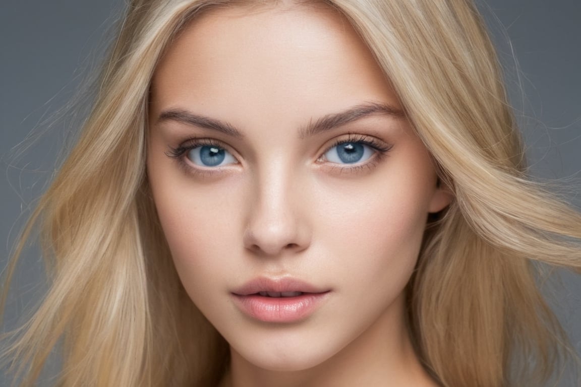 Modelo rubia, cabello lasio, rostro sin maquillaje, medio cuerpo, imagen frontal, ojos azules, mirada penetrante.