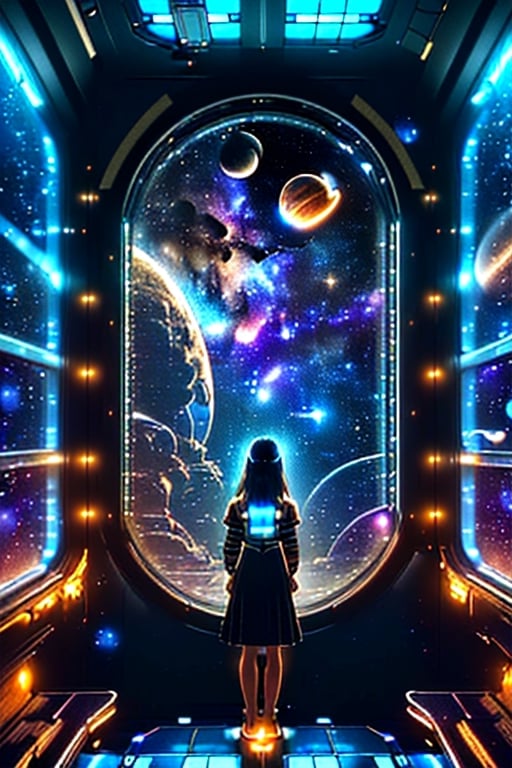 A space train traveling between the Earth and the Moon, the train is flying towards the Moon, the mystery of the universe, a mysterious sight, ((A girl traveling in a space train, the girl is looking at the Earth in front of a large glass window)), the fantastic Milky Way