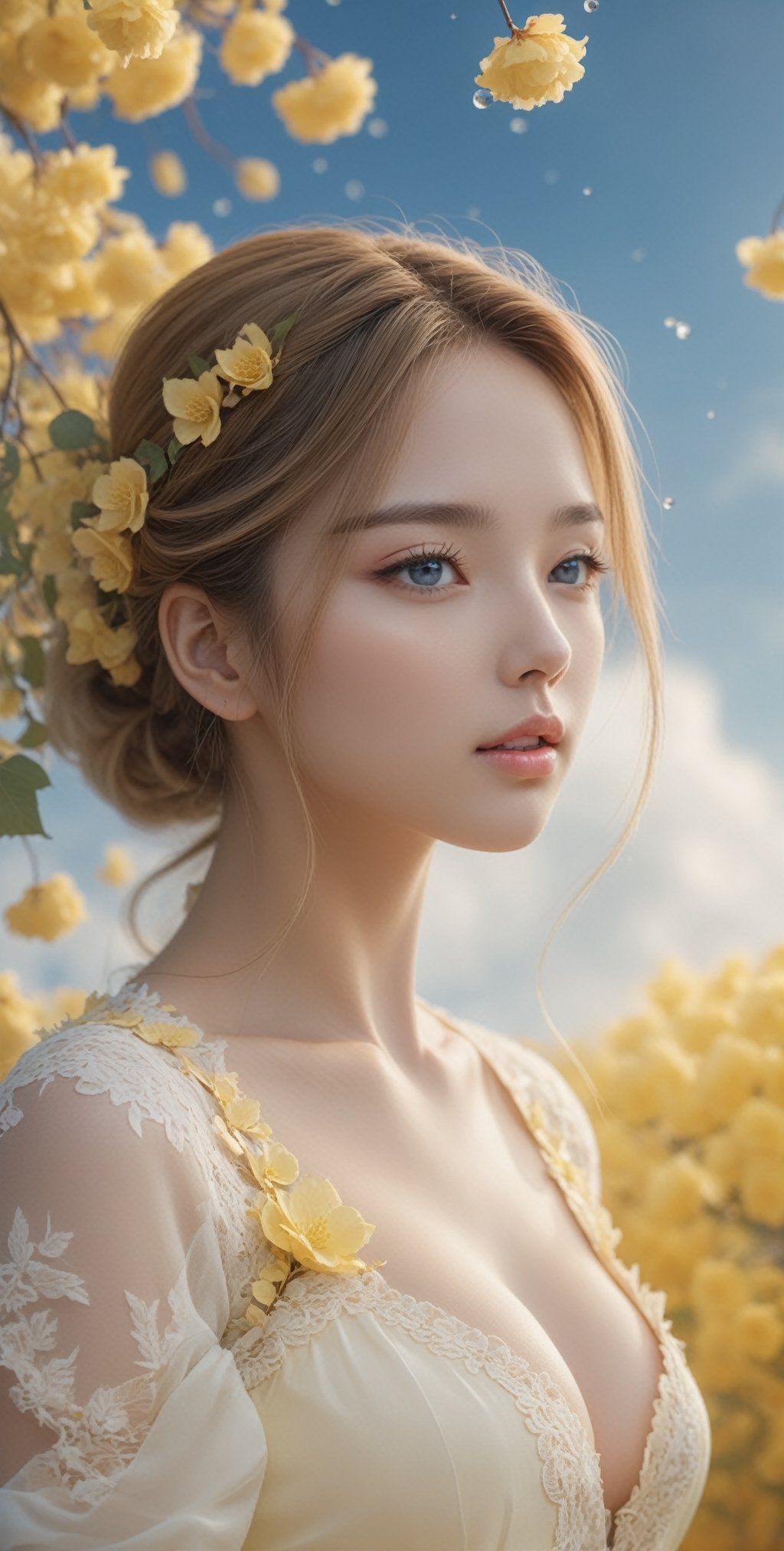 super fine illustration,masterpiece, best quality,{beautiful detailed eyes},1girl,finely detail,Depth of field, 4k wallpaper,bluesky,cumulus,wind,insanely detailed frills,extremely detailed lace,BLUE SKY,very long hair,Slightly open mouth,high ponytail,blond hair, big Breasts,cumulonimbus capillatus,slender waist,There are many scattered luminous petals,Hidden in the light yellow flowers,Depth of field,She bowed her head in frustration,Many flying drops of water,Upper body exposed,Many scattered leaves,branch ,angle ,contour deepening,cinematic angle ,{{{Classic decorative border}}}