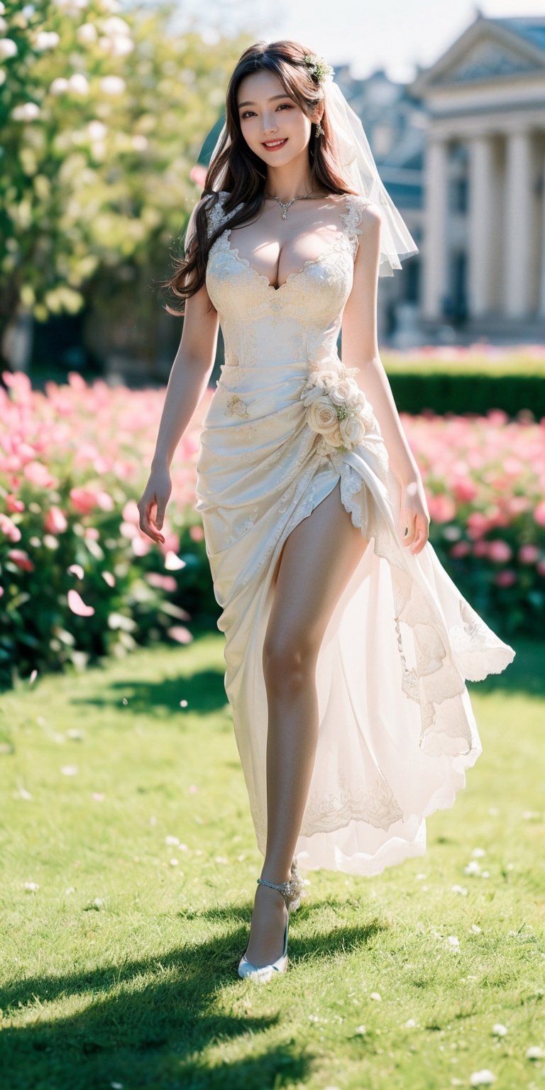 ((18 year old girl wearing elegant aristocratic wedding dress)), full body, ((big natural breasts, sexy pussy, luxuriant pubic hair, average hip size, perfect body, long red hair, long legs)), (sunny (Walking in the afternoon sunlight), (Walking through a flower field full of pretty flowers), A highly detailed and surreal masterpiece, Character design, Intricate details, Surreal, Hdr.  Top quality, perfect details, ultra sharp focus, hourglass figure, (smiling facial expression)