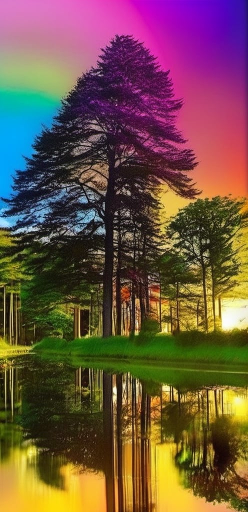 Art work canvas, photo r3al, distant view, metasequoia road, vivid circular rainbow in the sky