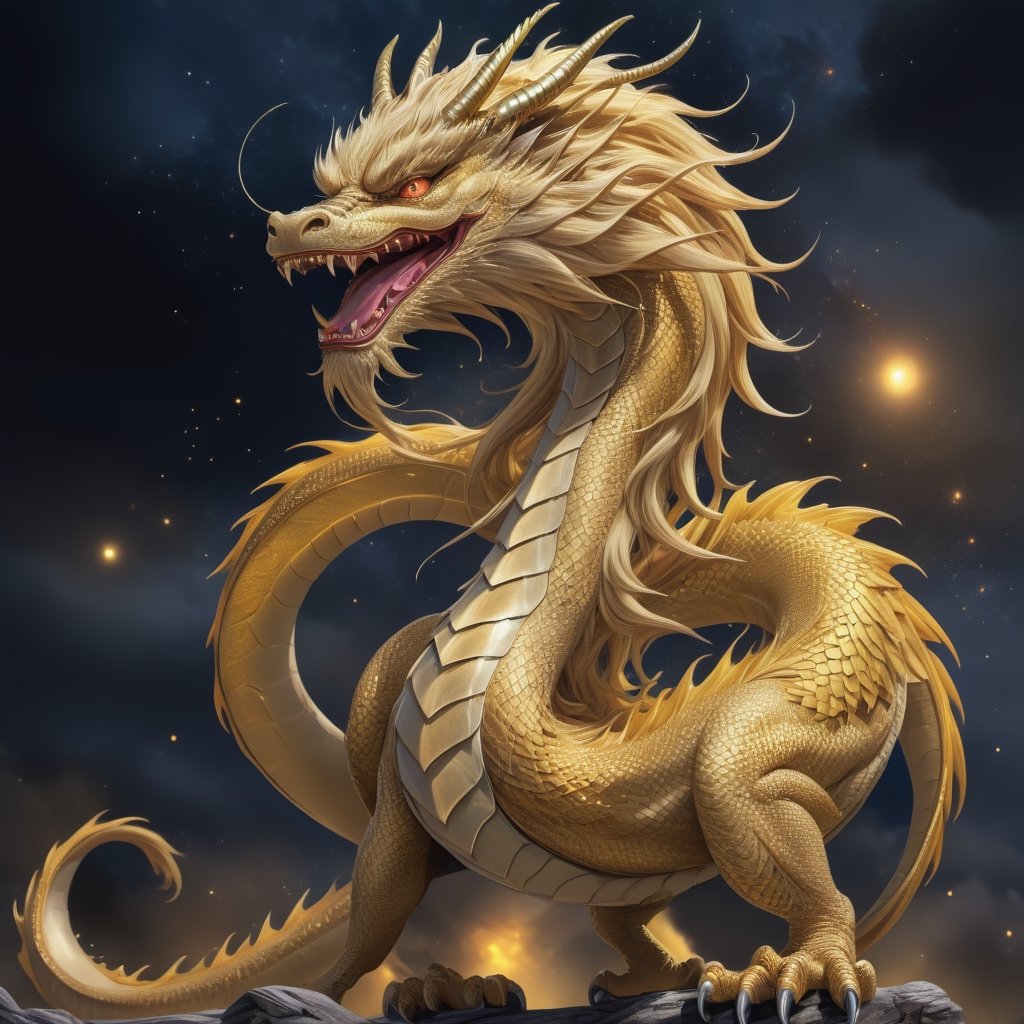 a dragon ,solo,  (masterpiece), ,The eastern golden dragon to welcome 2024, fcany and mgaic , the image is 8k quality, the dragon has shiny scales and a Golden mane,  In the background you can see night sky , The dragon looks at the viewer with an expression confidence and flying the universe, more detail XL, looking at viewer , detail (powerful and strong), beauty (dragon body ,dragon teeth ,dragon paw), The dragon like hero
,full of body, (Extreme Wide shot),<lora:659095807385103906:1.0>