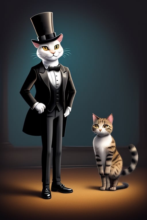 a detailed digital painting of a cat wearing a top hat and tuxedo in a desolate ballroom, standing on hind legs, fantasy art, 8k, uhd