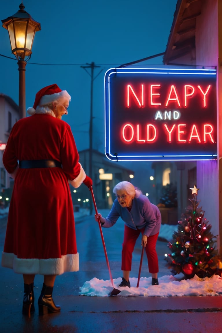 Photo, 4k, best quality, masterpiece, Santa Deatpool, a big neon sign, text, "New Year", text
 , text 2024,: and an (((Old Woman))) nearby helping her,