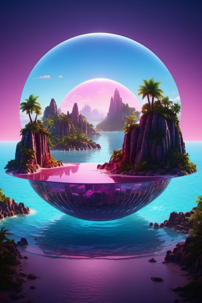 Neonpuk style, infinite staircase with a tropical island, surreal 3D rendering, surreal water art, 3D rendered digital art, water art manipulation, full of glass. all within a glass or crystal ball. ((( santa claus holding the ball looking inside ))) cgsociety, highly detailed paradise, highly detailed 4k digital art, 3D artistic rendering, oasis in the desert, surreal concept art, 3D rendering beeple, rendered illustration, CGSociety , ArtStation. cyberpunk, vaporwave, neon, vibes, vibrant, incredibly beautiful, sharp, detailed, sleek, ultramodern, magenta highlights, dark purple shadows, high contrast, cinematic, ultra detailed, intricate, professional