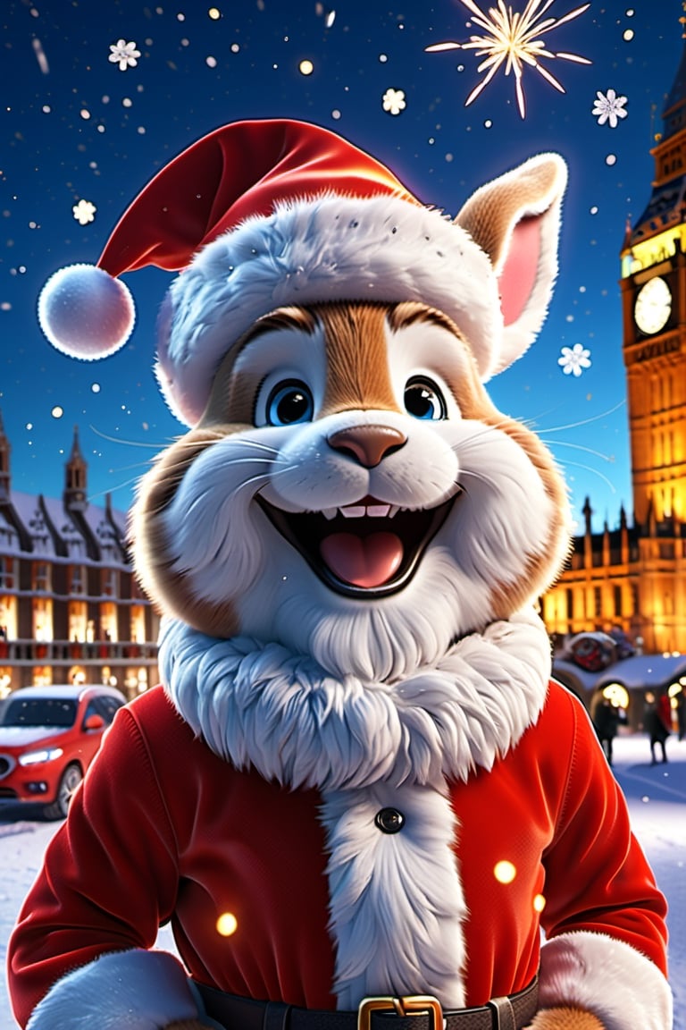 ultra realistic illustration, 8K, wide shot, vray, octane rendering, unreal engine 5, text: "MERRY CHRISTMAS" in the sky like fireworks, {Dc's Deatpooll dressed as Santa Claus, Santa's sleigh, gifts), mountains, snow, shooting stars, Christmas theme, standing in front of Big Ben in London, cute smile, gift to cure a rabbit with a smile}, wide shot, more details XL