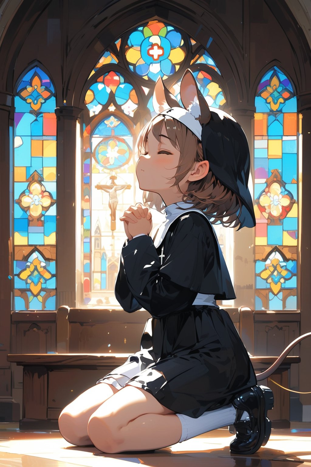 //quality, masterpiece:1.4, detailed:1.4,best quality:1.4,//,1girl,solo,loli,//, brown mouse_ears,mouse_tail,animal ear fluff, medium hair, brown hair, closed_eyes,//, black nun headscarf,(black nun costume),white thighhgihs,shoes_removed,//,closed_mouth,//,kneeling, praying,own hands clasped,from_side,//,indoor, church ,stained glass,carved woodwork,dal-6 style