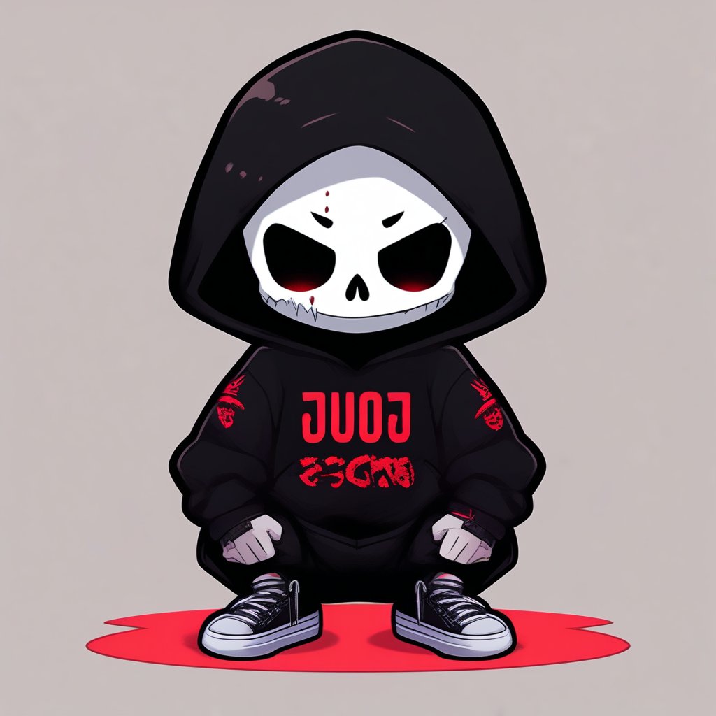 Dark and mysterious figure of a Chibi character with a skull face. The character wears a stylish black hoodie with a red typographic pattern that says "Swag." crouches in the heart of a gritty, full body, 240k