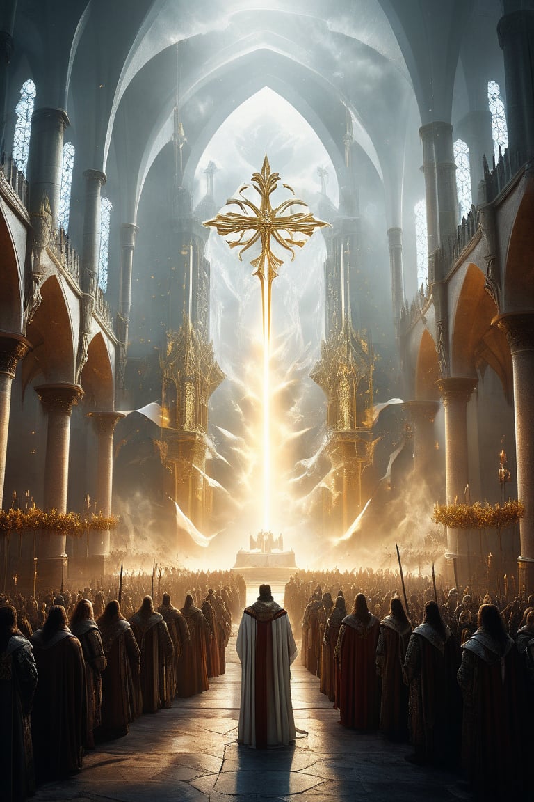 a large group of people standing in front of a large white flag in a church, award-winning fantasy art, elegant cinematic fantasy art, ancient kings in white robes, epic fantasy artwork, award winning fantasy art, epic fantasy painting, epic fantasy style art, epic fantasy digital art, epic fantasy digital art style, stormlight archive, amazing d & d art, epic fantasy art, d & d fantasy art, epic fantasy illustration, epic fantasy art style, epic fantasy card game art, fantasy epic digital art, heroic fantasy art, cinematic fantasy painting, the fall of gondolin