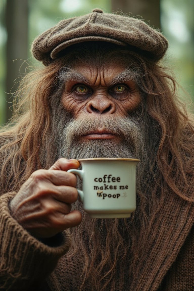 A full body shot of a tall old Sasquatch's weathered body and face, his eyes gleaming with ancient wisdom. His face is a map of wrinkles and creases, He wears a cardigan sweater, a flat cap, and is drinking hot coffee. the text on the coffee reads, "Coffee makes me poop". the mug is hand-crafted, held by primitive hands.
best quality, detailed skin texture, Fujicolor_Pro_Film, high-quality, masterpiece, photorealistic, RAW photo, realistic, remarkable color, ultra detail, unedited photo, natural_lighting, simple background, soft lighting, blemishes blush, 
BREAK 
detailed skin, glossy skin, goosebumps, realistic dull skin noise, skin fuzz, textured skin, visible skin detail, high detailed skin. Coarse, long, shaggy fur covers his body, the hairs rustle with the mild breeze as he gazes intensely into the camera lens. his hair is a wild mess, brown with white streaks.,DSLR 