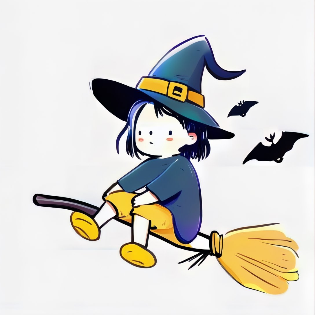 Witch concept, wearing a witch hat,
A 10-year-old boy flying in the sky on a witch broom, beautiful face,shot hair,
Dark blue hair, cute, wearing pants,
The background is above the sky with a view of the sea and islands,IncrsAnyasHehFaceMeme,Line Chibi yellow,Wizard shoes,Wizard's Clothes