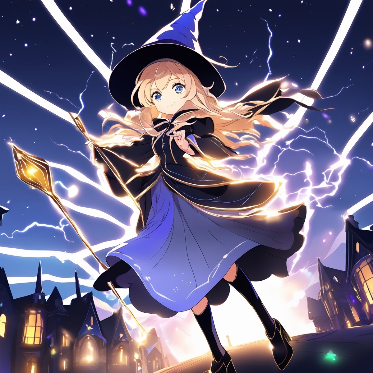 (dark background:1.33), start lights, full body, chibi, (18year old girl:1.5)), Anime SFW image, beautiful girl, slender figure, young adult, random poses, random angles, A composition that captures the whole body, detailed fan art, witch girl, splash art anime kawaii, bright witch, official artwork, witch hat commission, Cheerful, official fan art, cute art style, best quality, best light and shadow, glowing magical staff, white thigh high boots, brown duster jacket, white and gold dress, night view, weightless bouncing hair, 1 girl, anime style, (correct human anatomy:1.5), (one head, two ears, two eyes, one nose, one mouth, two arms, two hands, two legs, five fingers on each hands:1.33), small face features, large expressive eyes, small nose, thin lips, small chin, soft hands, (realism: 1.2), petite, bangs, (trace the contour with detailed intricate white thin lined crackling shimmering vibrant lightning:1.3), (glowing:1.1), (shimmer and twinkl:1.2), luminism, breathtaking fusion of light, indelible impression, high quality, masterpiece, swirling luminescent ribbons, black stockings (halloween theme:1.15), 