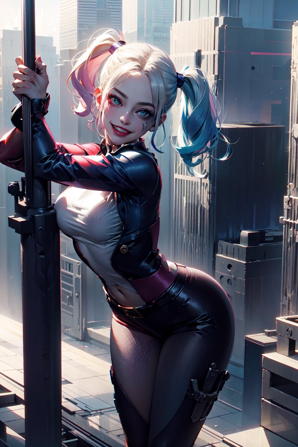 Harley Quinn, ultra realistic, resolutions, RAW photo, best quality, masterpiece, depth of field, realistic, photo-realistic, cinematic, smooth soft skin, perfect face, smooth soft skin, buxom, fit, graceful, finely detailed beautiful face, finely detailed, beautiful heterochromia eyes, (vibrant), medium breast, long thicc thighs, kind, wise, messy wavy short hair, brilliant, artistic color palette, color grading, Extremely detailed, dynamic lighting, sharp, half body, portrait front view photo action shooting ontop of skyscraper, 3d render,((pole_dancing)),High detailed ,harleyquinn, braces , grin 