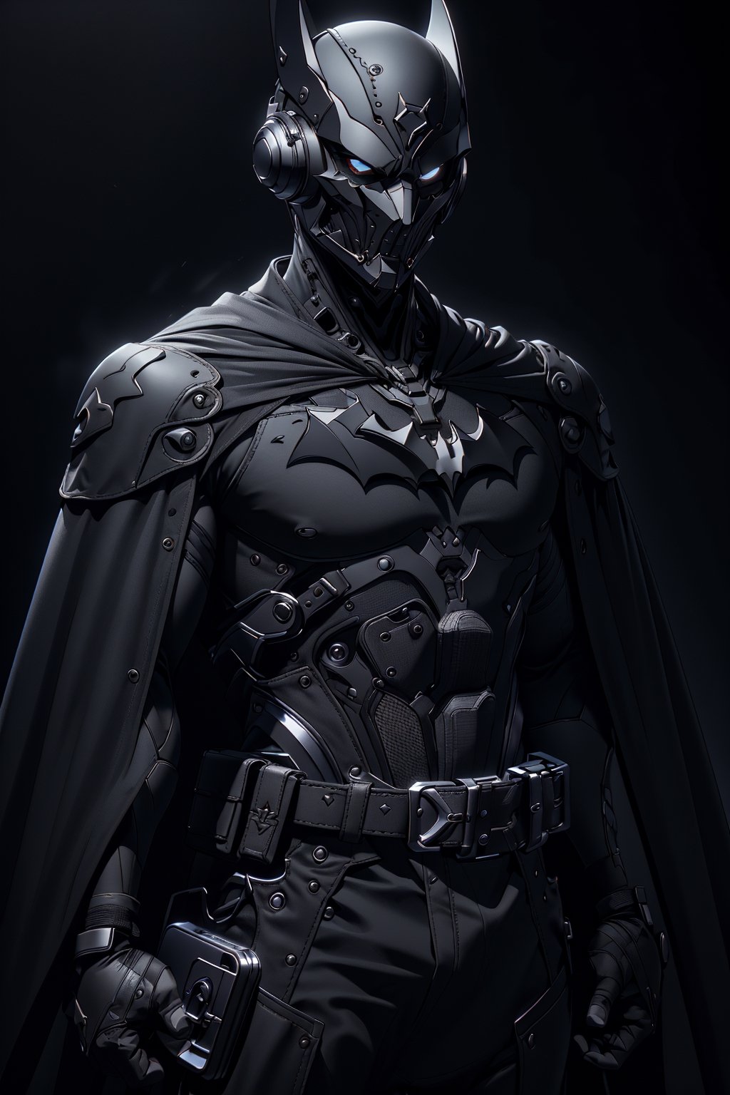 1male, maskedcassandra, mask, cape, bodysuit, black silver bodysuit, black belt, black belt pouch, black gloves, silver gear, extremely detailed, more detail, (dark and dimly background:1.5), (dark atmosphere:1.3),BatmanCore, headphones , black sunglasses , detailed eyes,( mist, fog, steam )