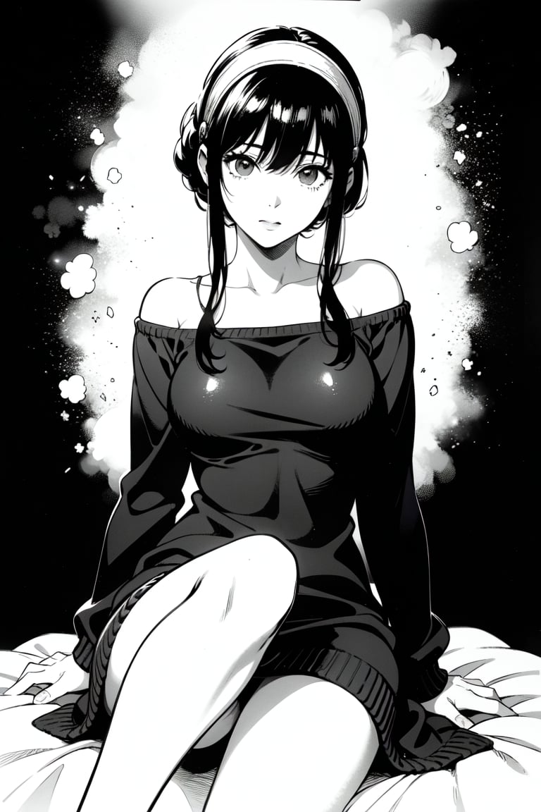 grayscale, manga, monochrome, lineart,  realistic, photorealistic, highest quality, surrealistic, absurd resolution, highly detailed illustration, BREAK k-pop idol, korean, young, 1 girl, abstract background, best shading, instagram, ((sweater dress)), long sleeves,bbyorf, off shoulder, sweater, hairband,pantyhose, backless sweater , sitting with knees up, short hair with long locks