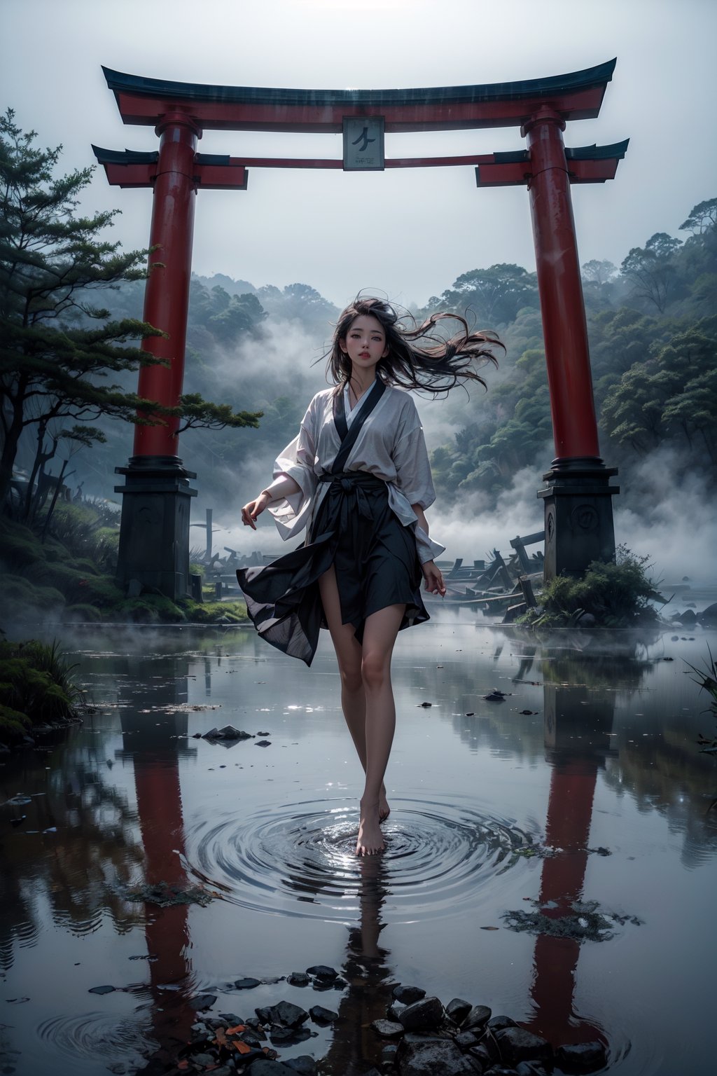 masterpiece, best quality, highres, long hair, (modern_abstract:1.2) , (1girl), girl stand on lake, solo, (sparkling:1), (bare foot:1), floating on air, (pettiskirt), ((fog,mist:1.3)), lake , (wide shot:1.4), water reflection, japanese arch, torii